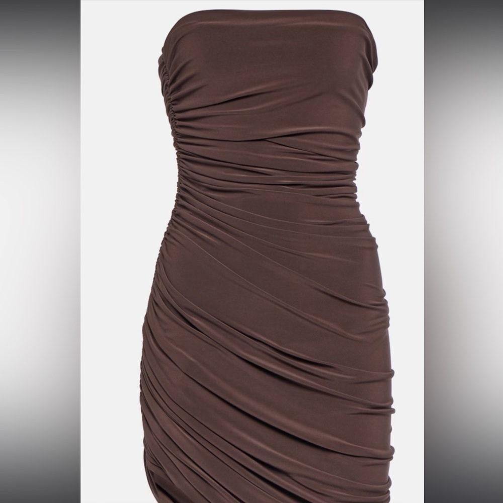 Norma Kamali Diana Ruched Strapless Gown in Dark Brown
